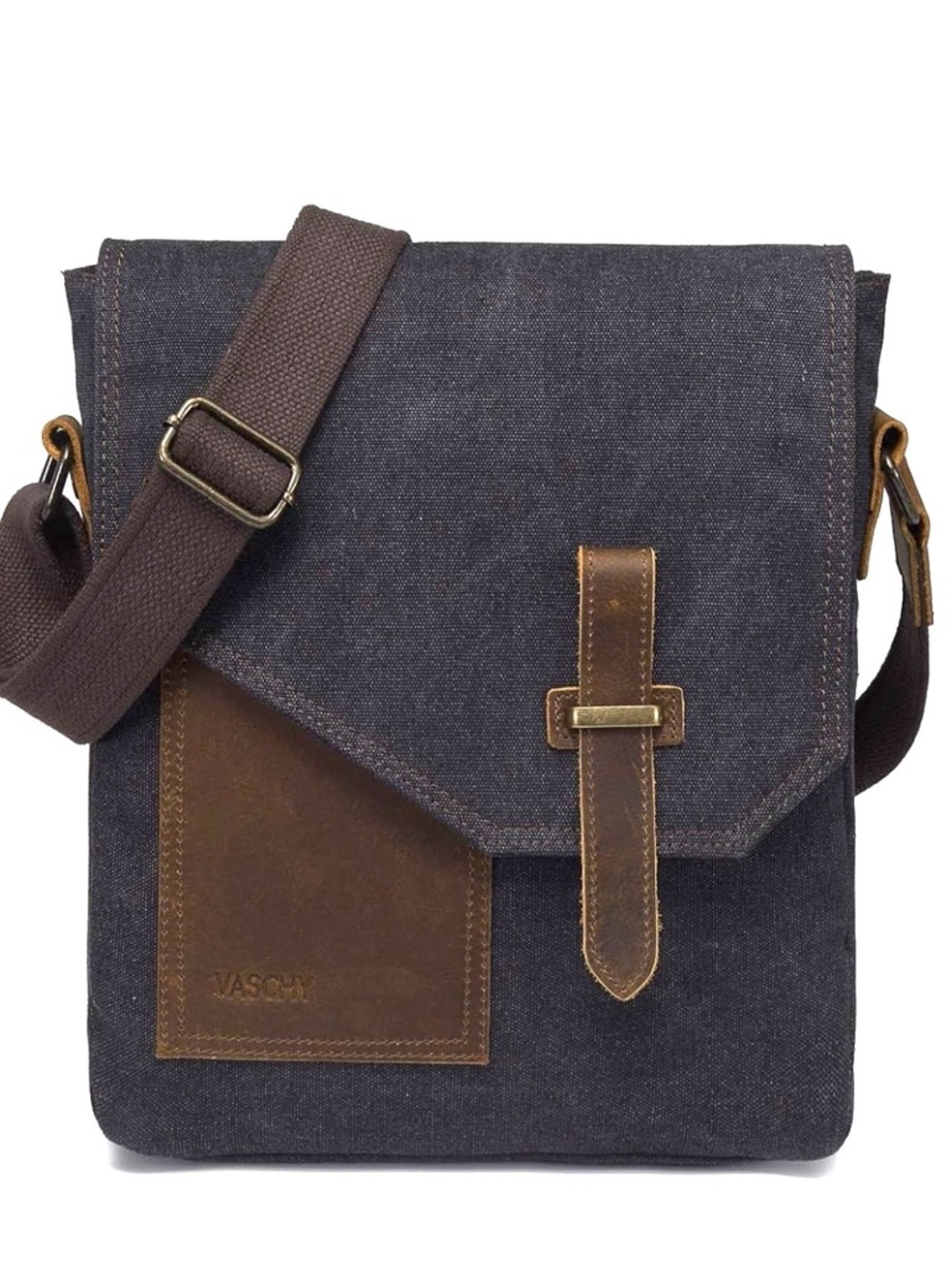 💌VASCHY Unisex Dark Gray Denim Canvas Crossbody Messenger Bag w/ Leather Accents